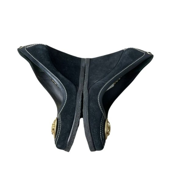 JUICY COUTURE Y2K Women's Black Suede High Platform Wedge Gold Logo 9M GUC - Picture 8 of 8